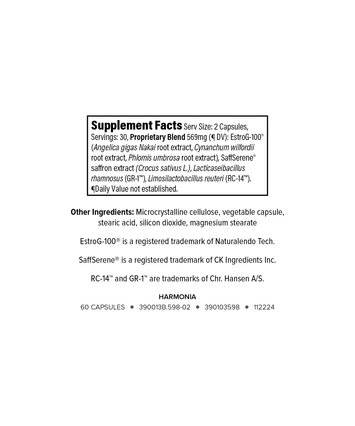 Harmonia supplement facts label