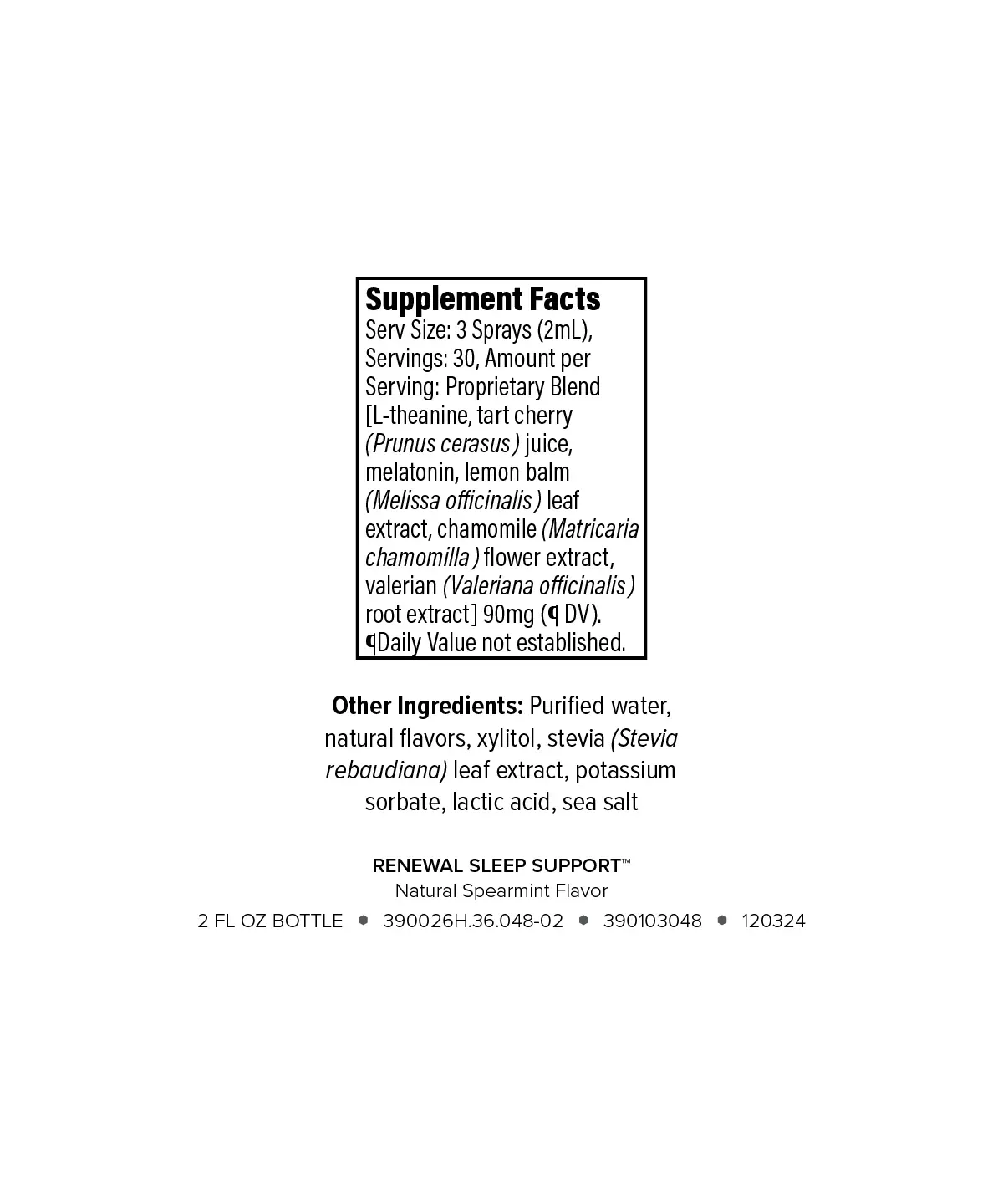 Renewal Sleep Support™ supplement facts label