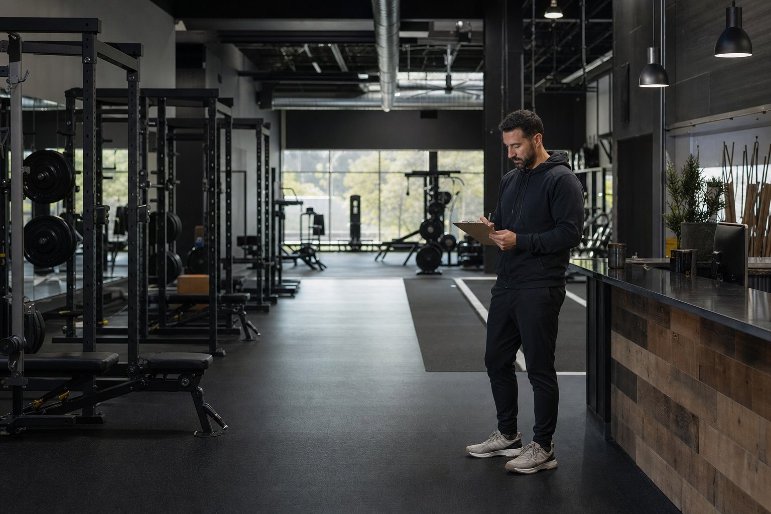 Gym owner preparing the training floor before members arrive