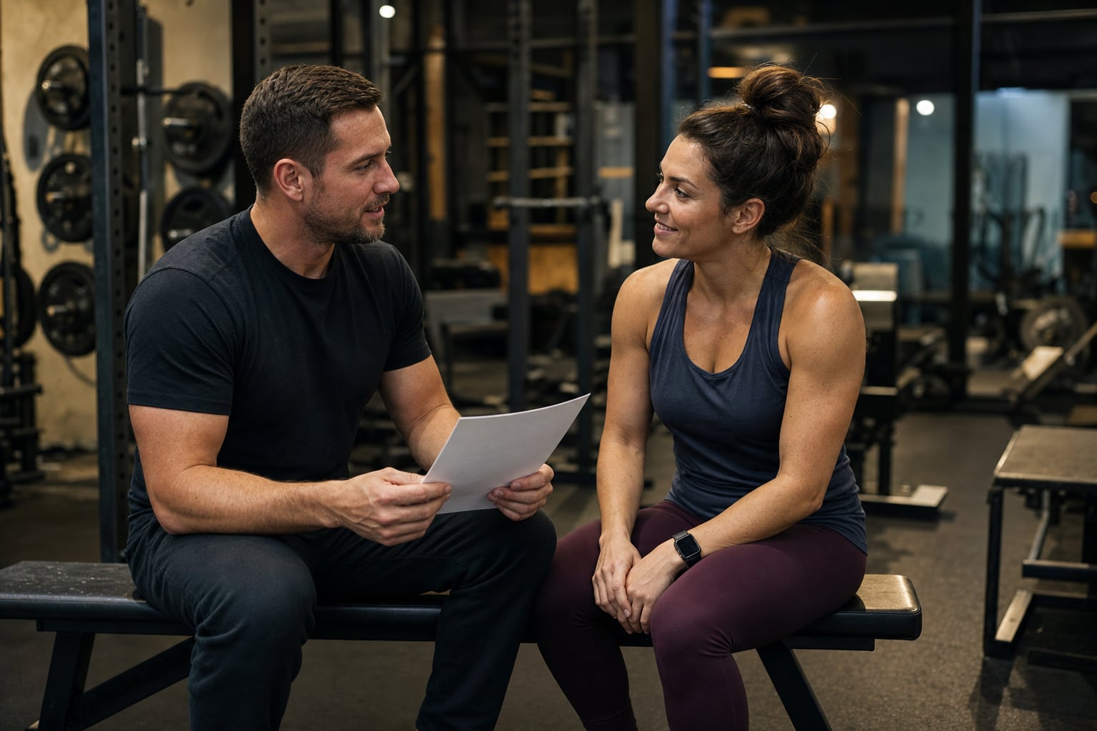 Coach reviewing training goals with a gym member on a bench