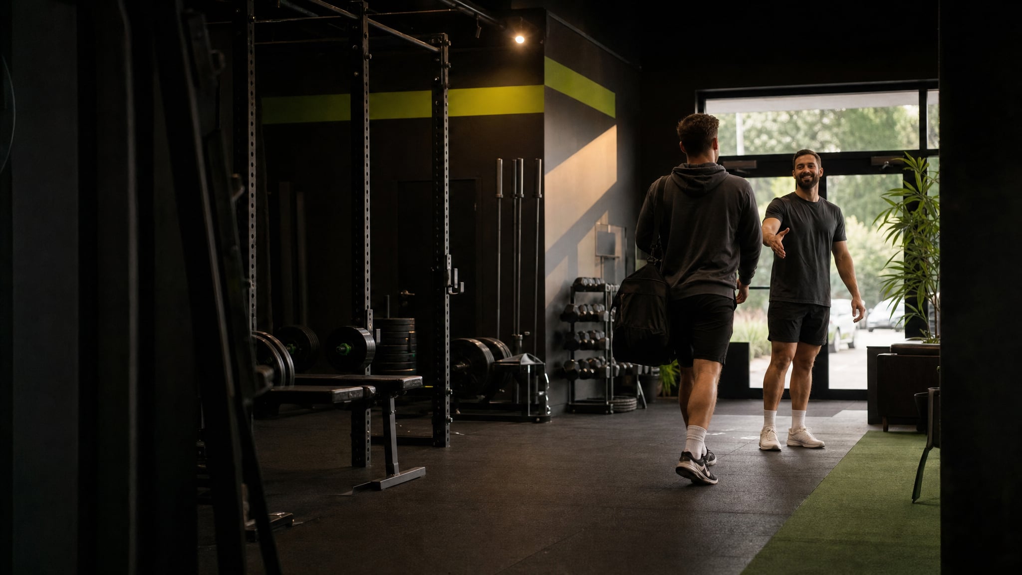 Coach welcoming a returning member into a strength gym