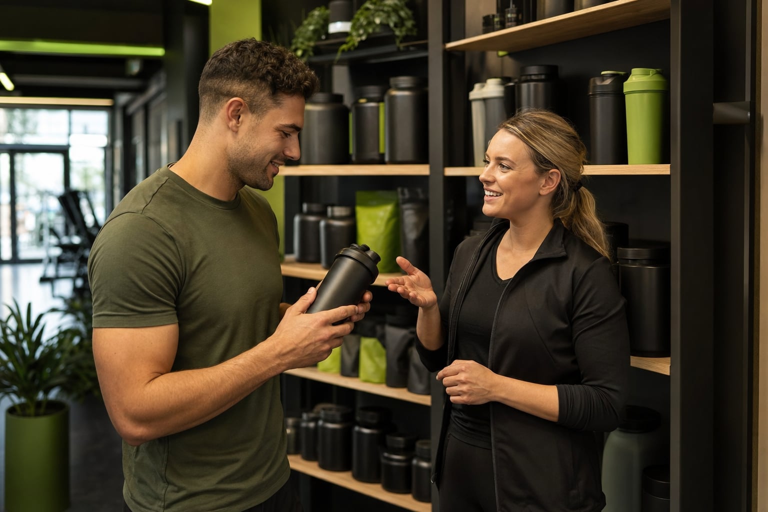 Gym staff member helping a member choose an item from a focused nutrition shelf