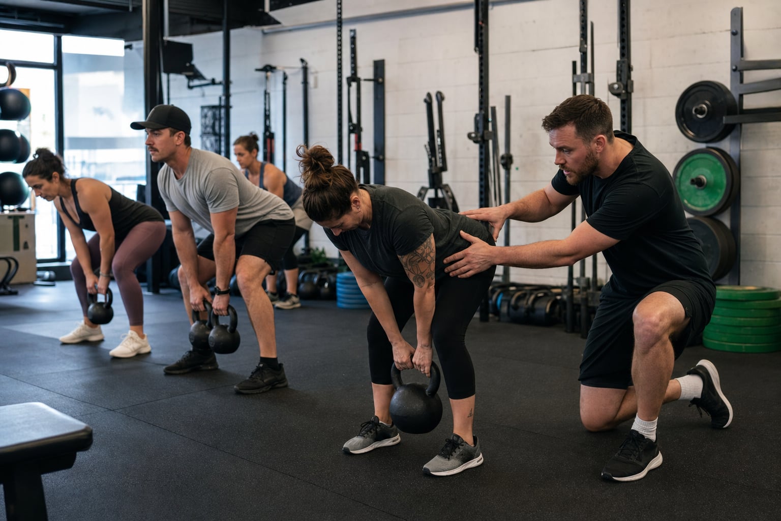Coach giving individual support during a small group kettlebell session
