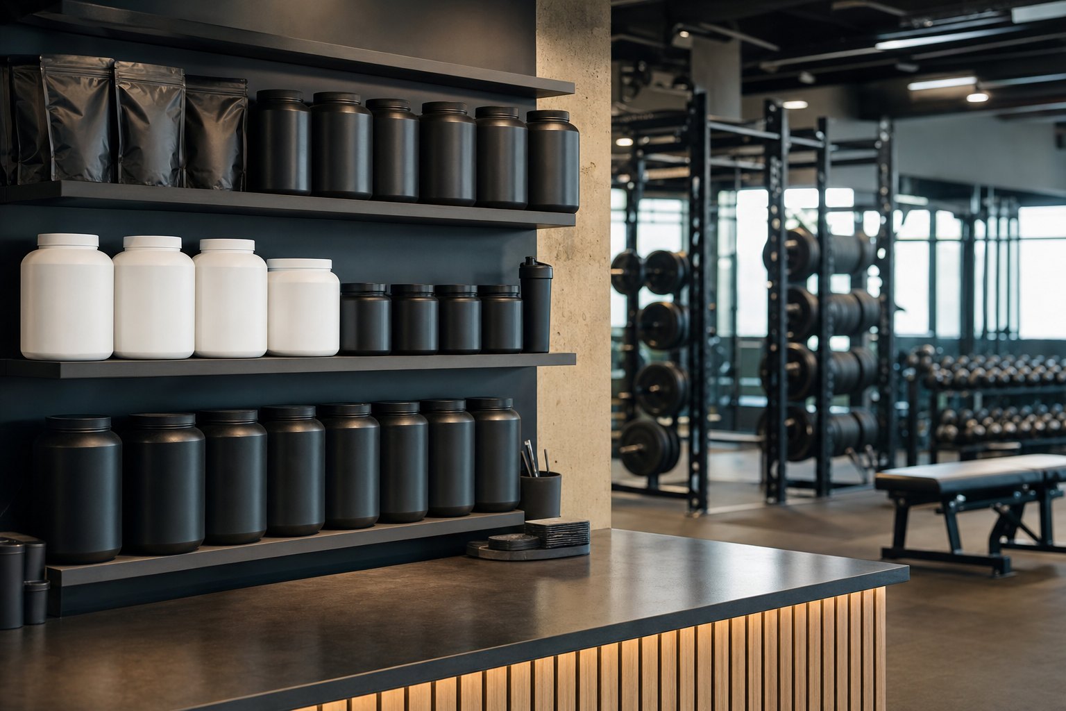 Curated unbranded performance nutrition shelf inside a strength training gym