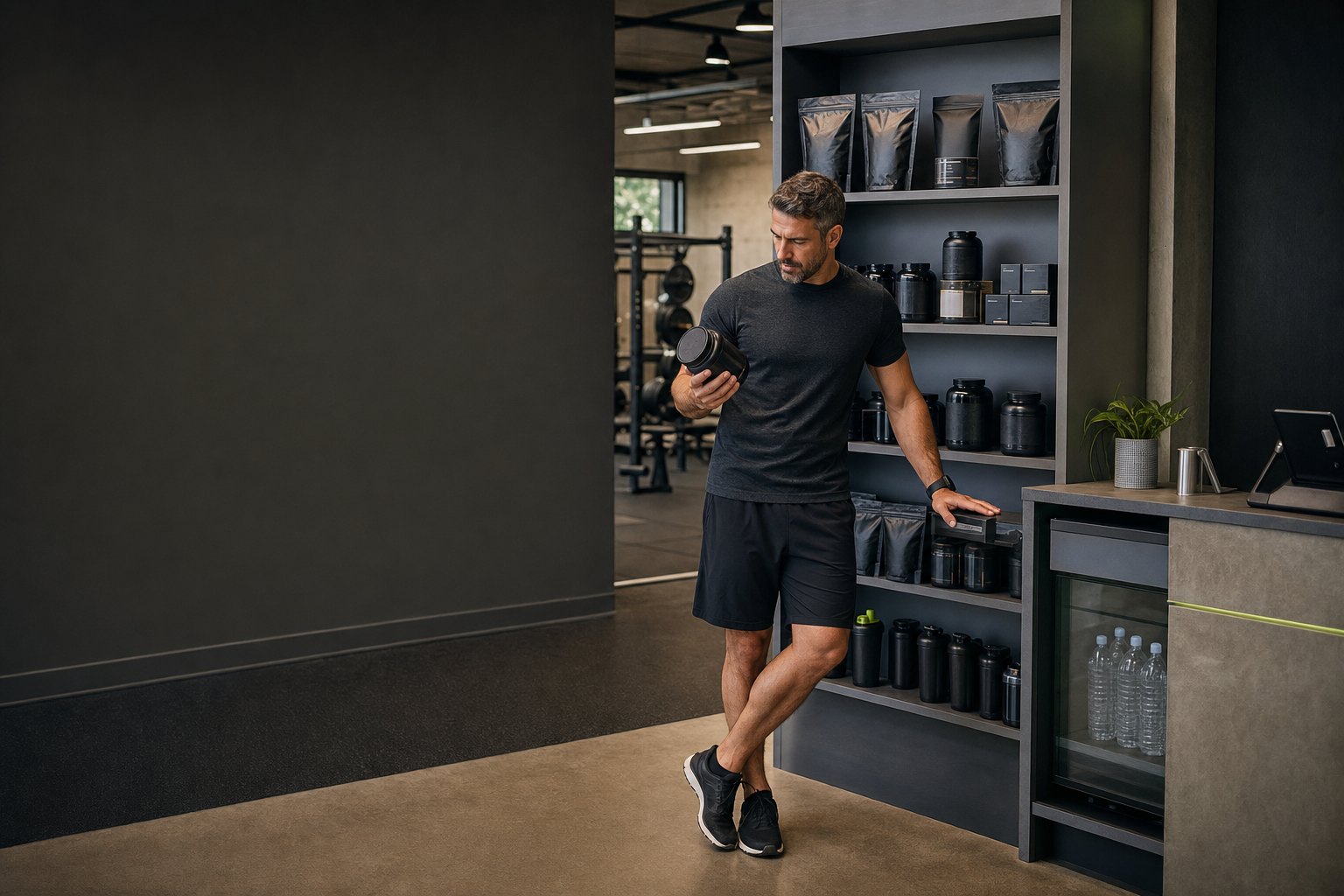 Gym owner reviewing a curated performance nutrition shelf