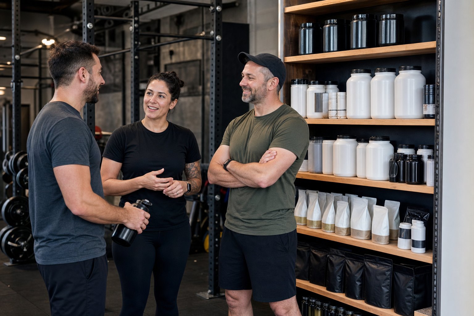 Gym staff having a helpful conversation with a member beside a performance nutrition shelf