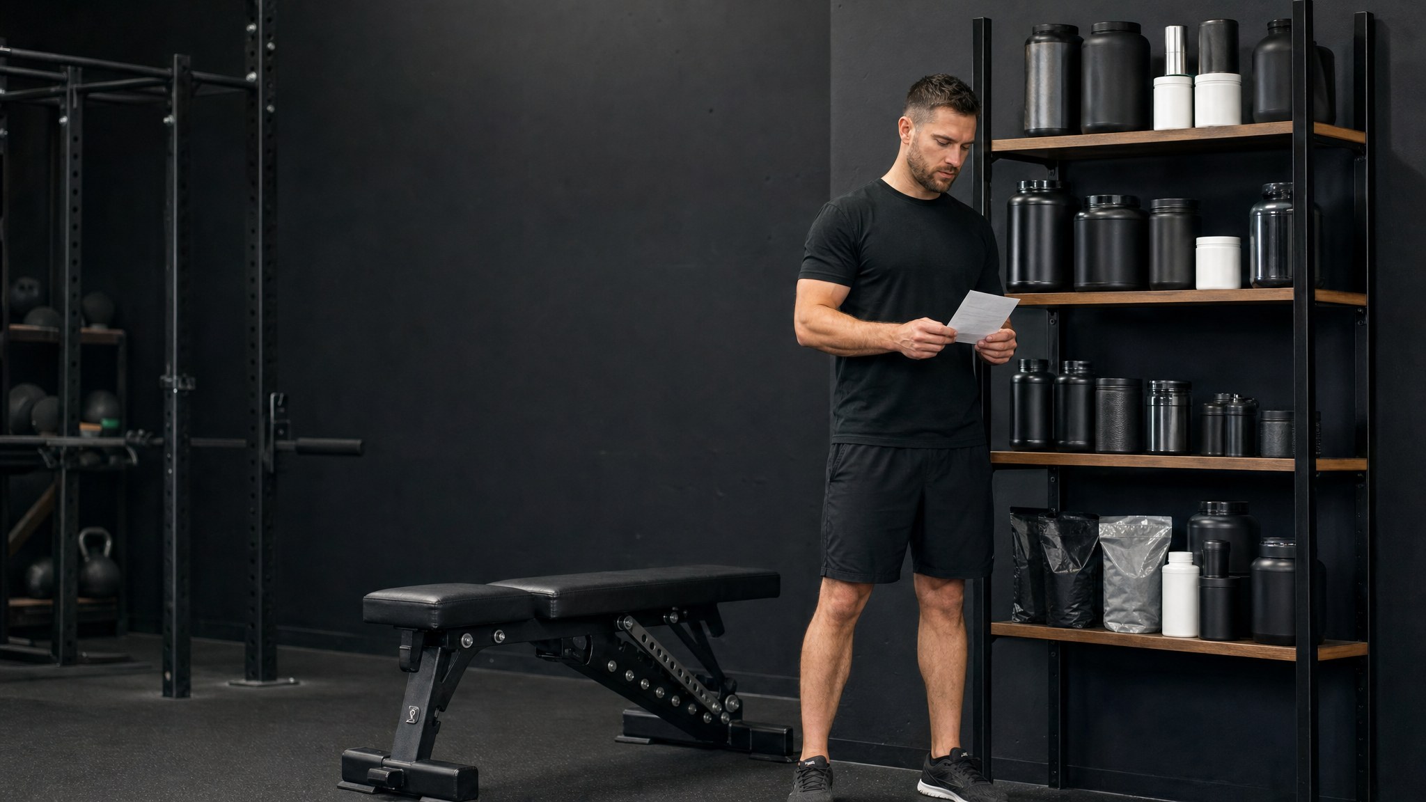 Gym coach reviewing supplement inventory beside a training floor