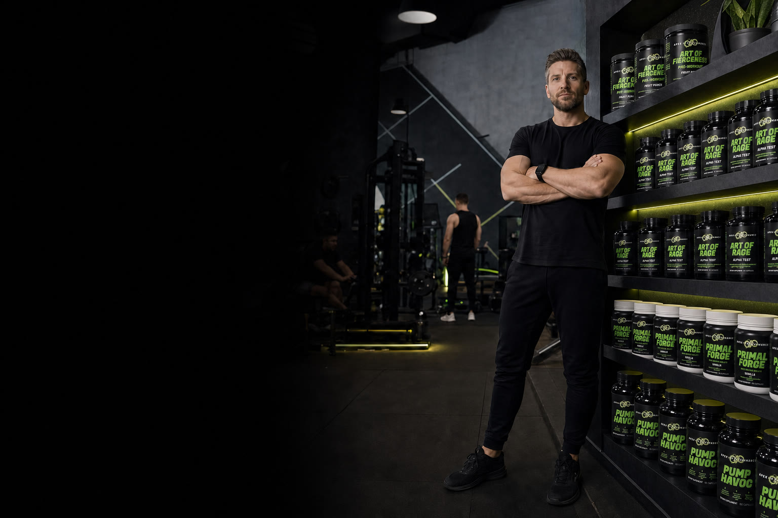 Protein supplements stocked on a gym retail shelf