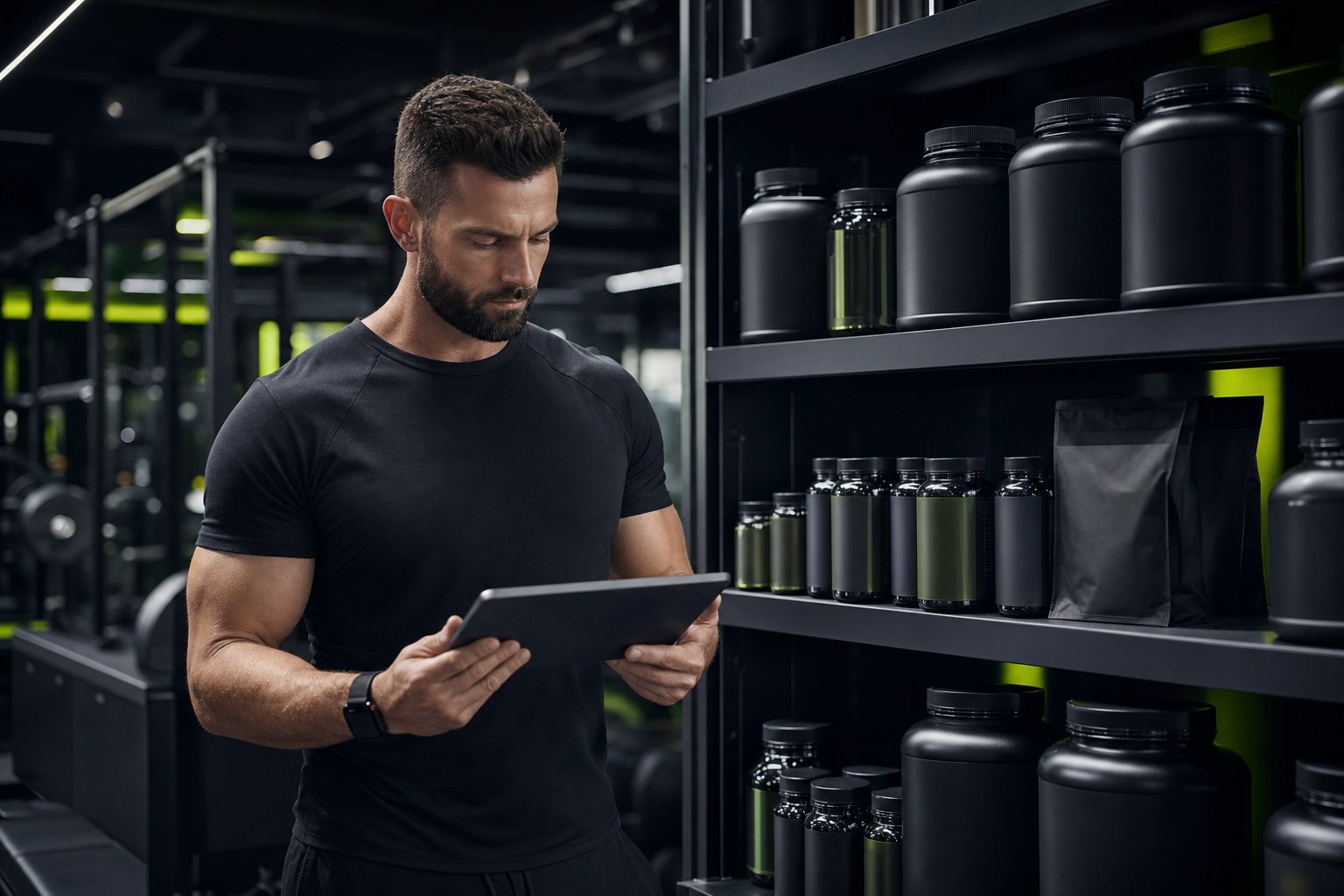 Gym owner reviewing supplement inventory on a tablet