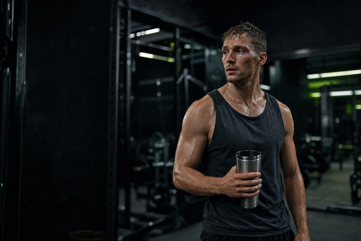 Athlete holding an unbranded steel shaker after a gym session