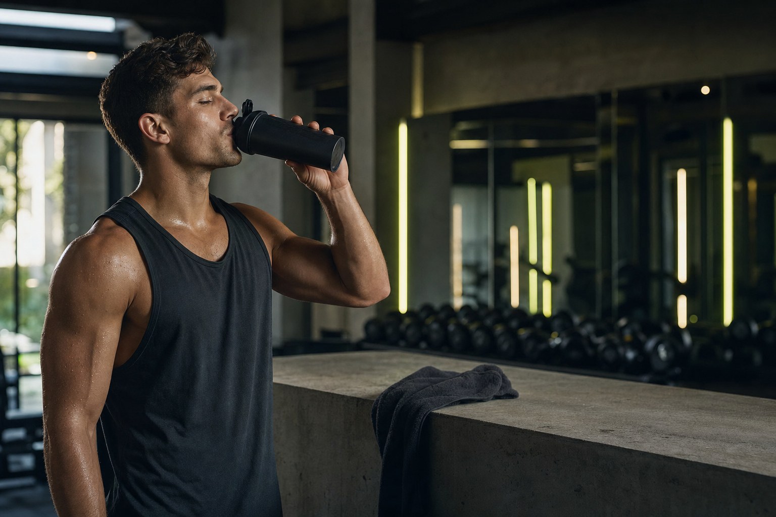 Athlete drinking an unbranded recovery shake in a modern gym