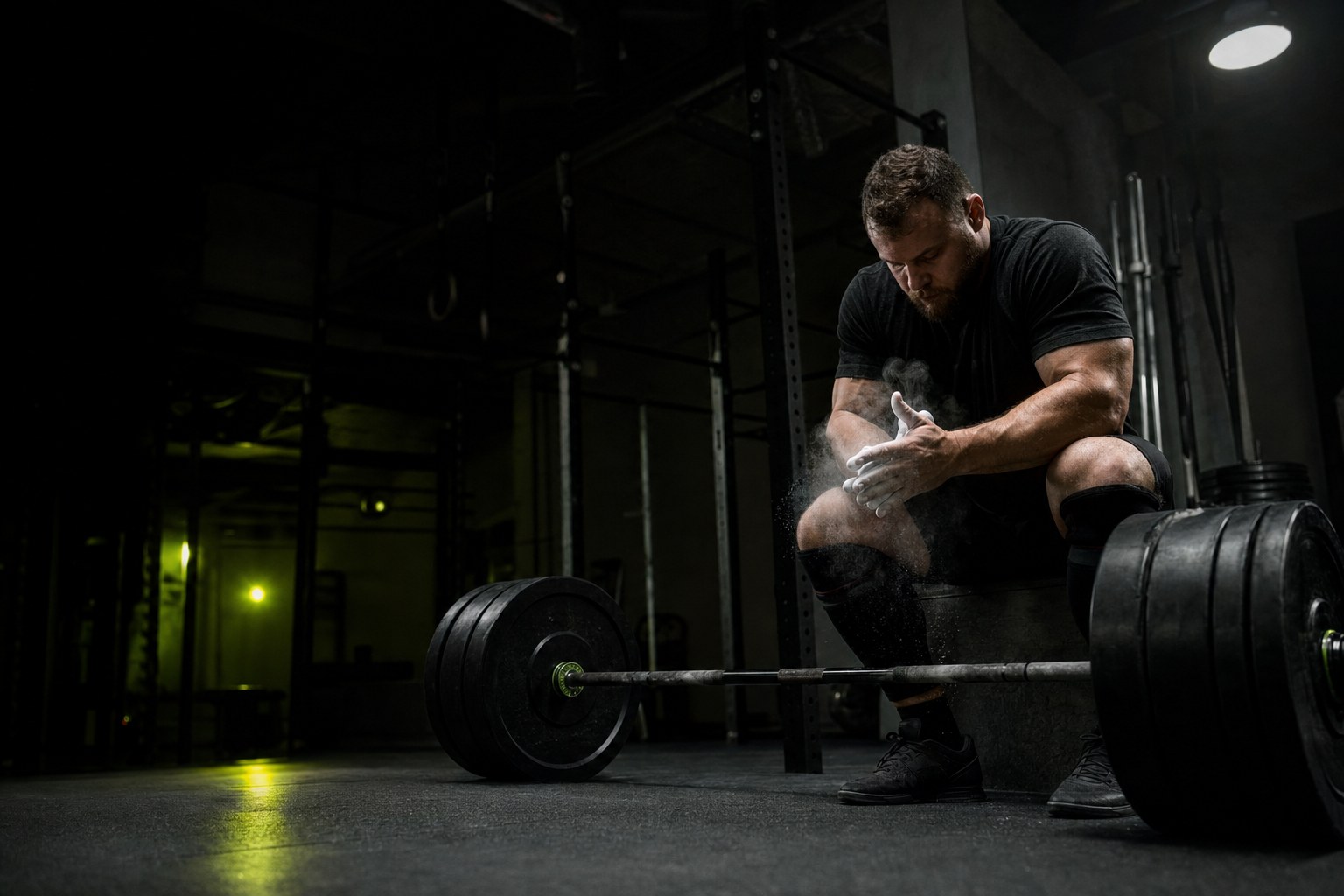 Athlete chalking hands beside a loaded barbell in a dark gym