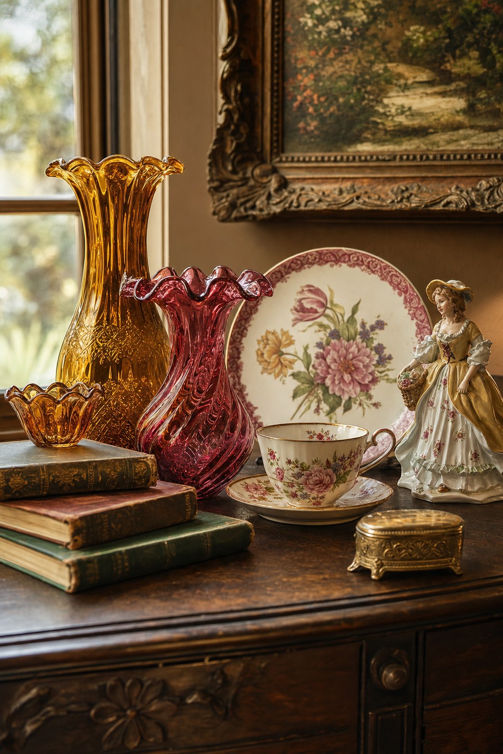 Vintage glass, floral china, a porcelain figurine, and books arranged as a collection