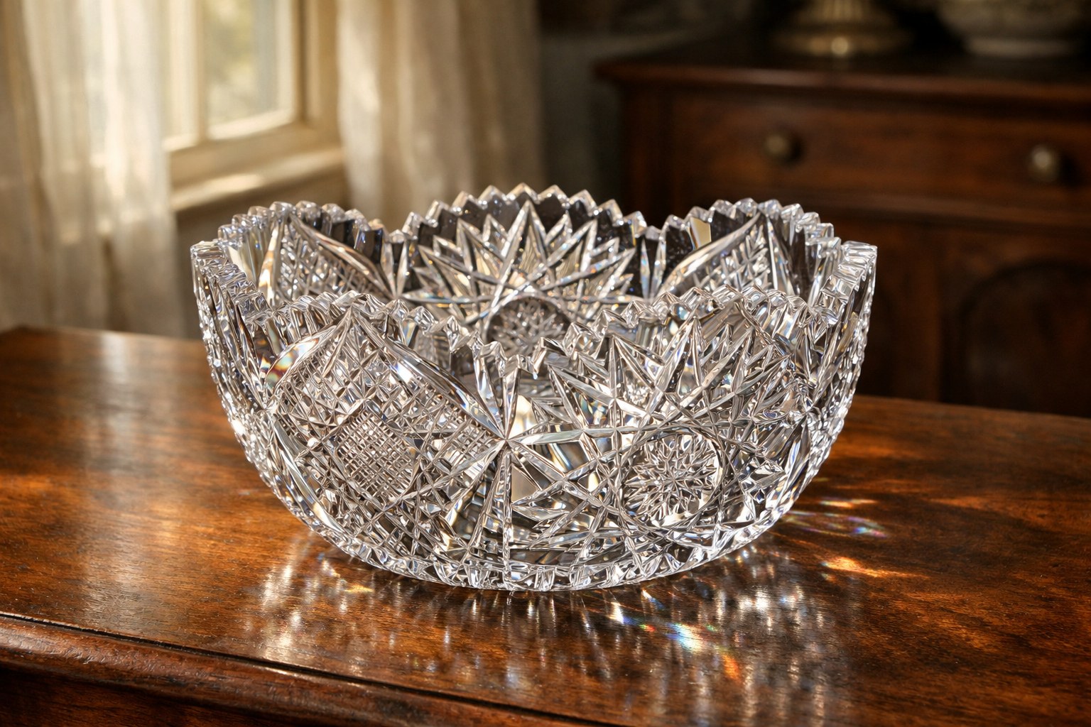 Clear cut-glass bowl with deep star and diamond patterns on a wooden table