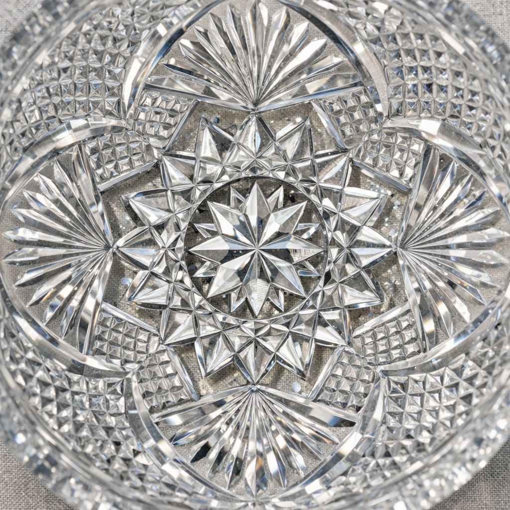 Close view of deep star, fan, and diamond cuts in clear glass
