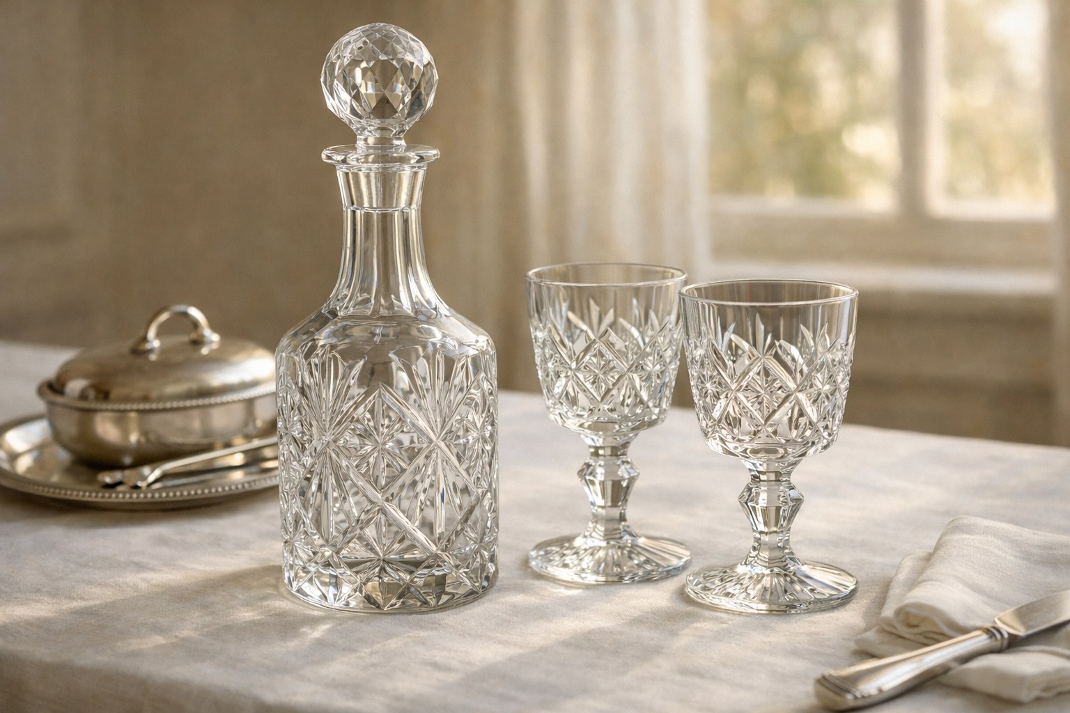 Clear cut-glass decanter and goblets on a linen-covered table
