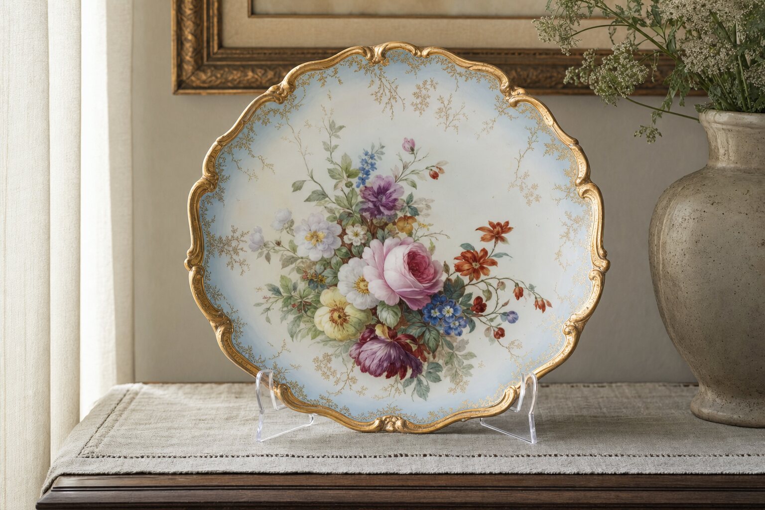 A hand-painted cabinet plate displayed upright on a clear acrylic stand