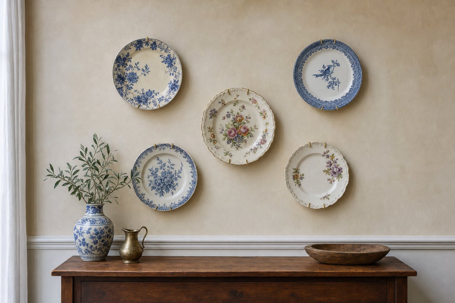 Five antique porcelain plates arranged on a dining room wall