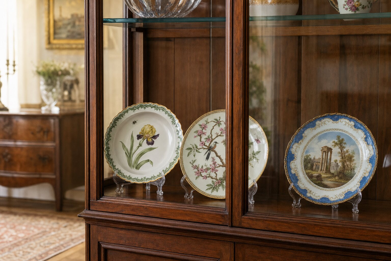 Decorative antique cabinet plates displayed on stands in a walnut glass-front cabinet