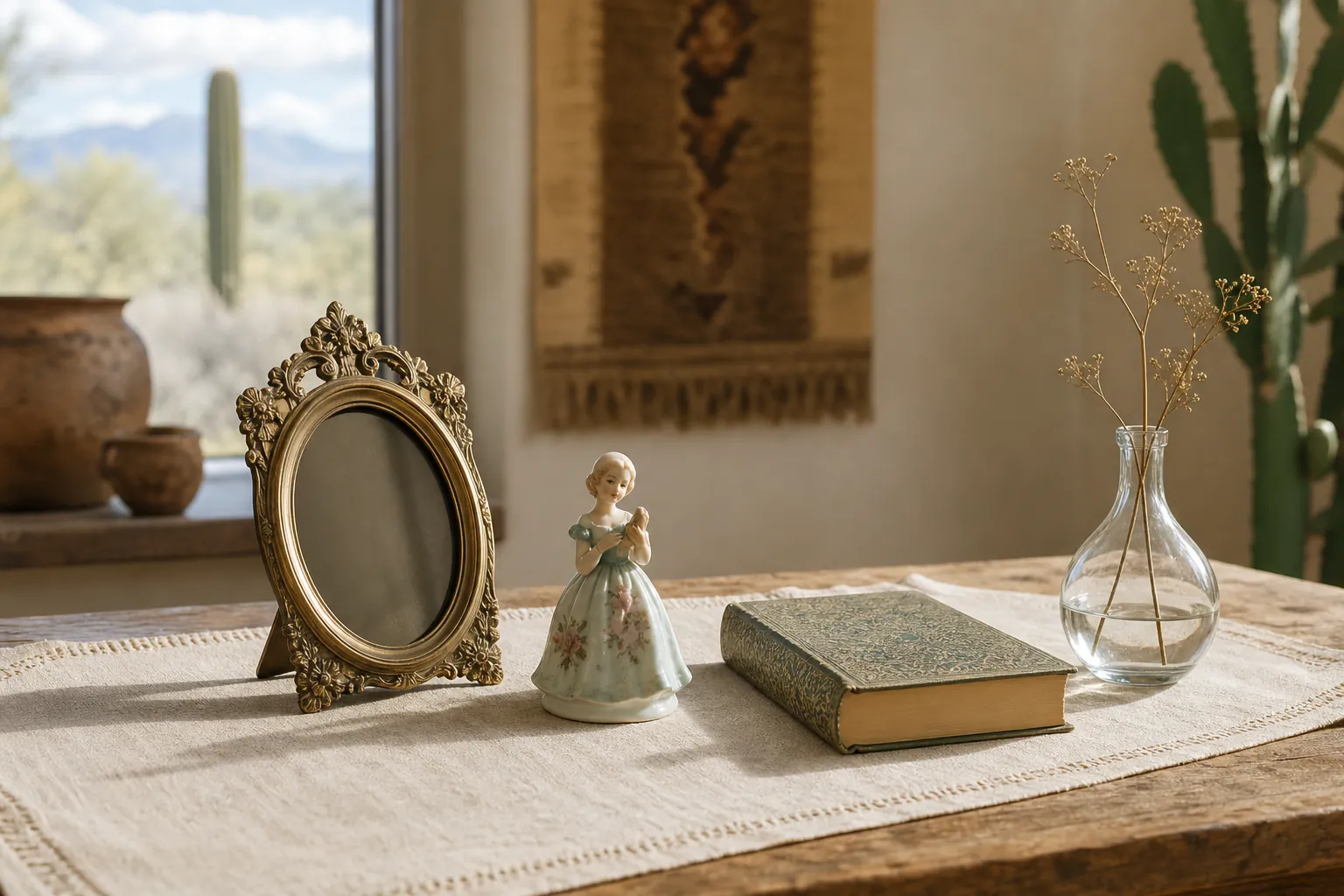 A frame, figurine, book, and glass vase arranged as vintage collectibles