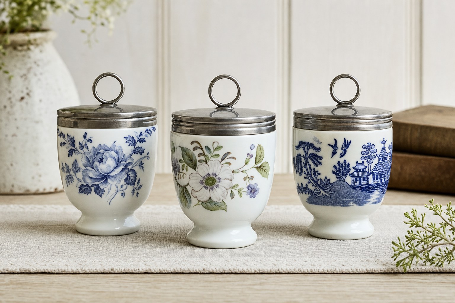 Three porcelain egg coddlers in varied blue and floral patterns with fitted ring lids