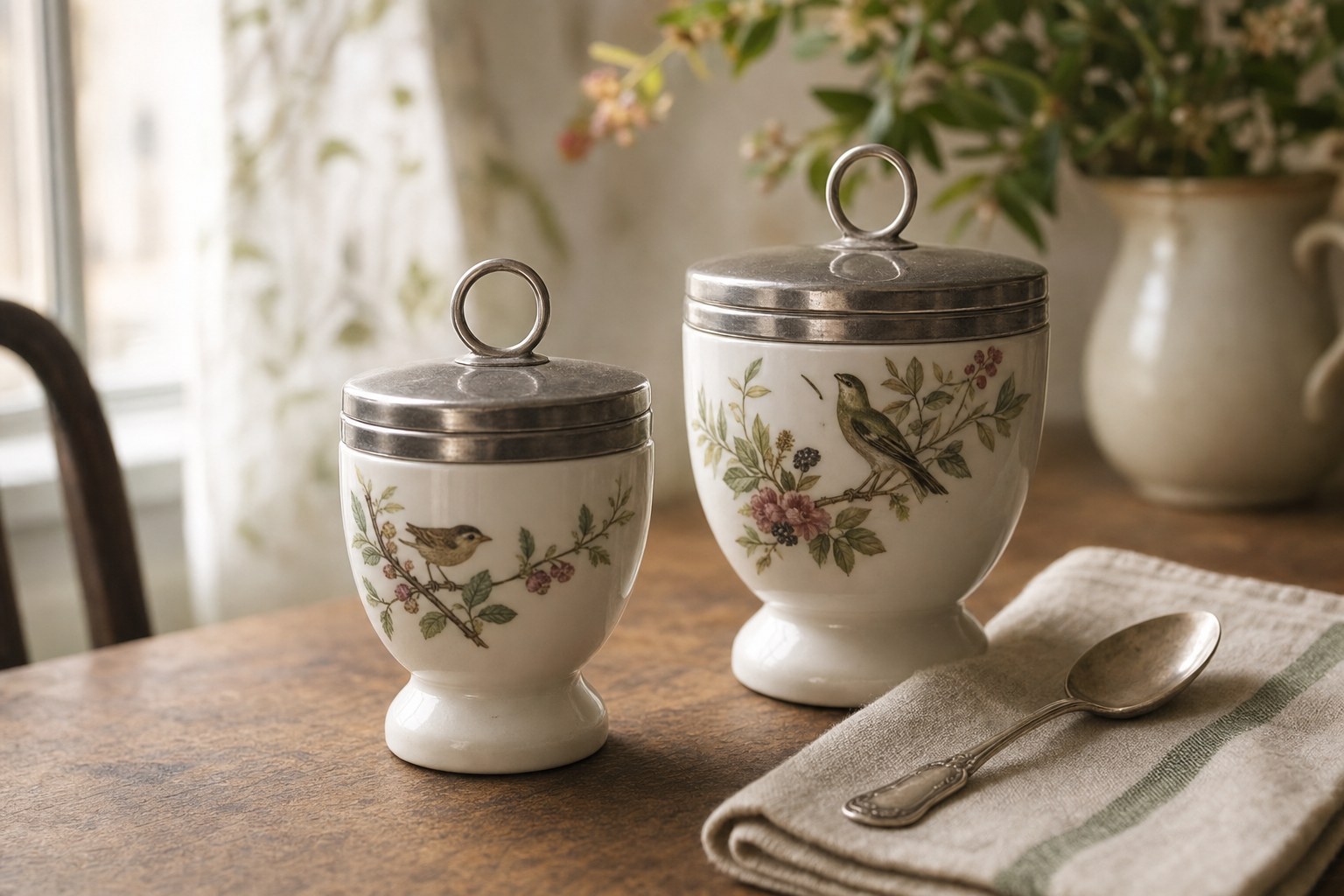 Two vintage-style porcelain egg coddlers with floral bird decoration on a breakfast table
