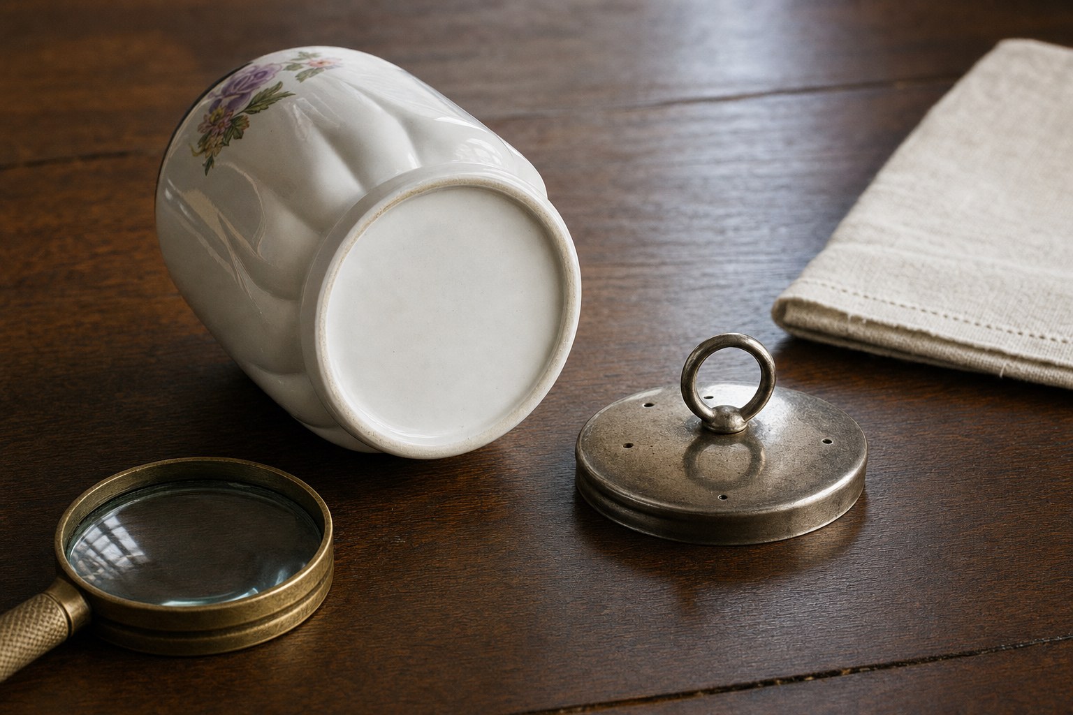 The underside and metal lid of a porcelain egg coddler beside a magnifying glass