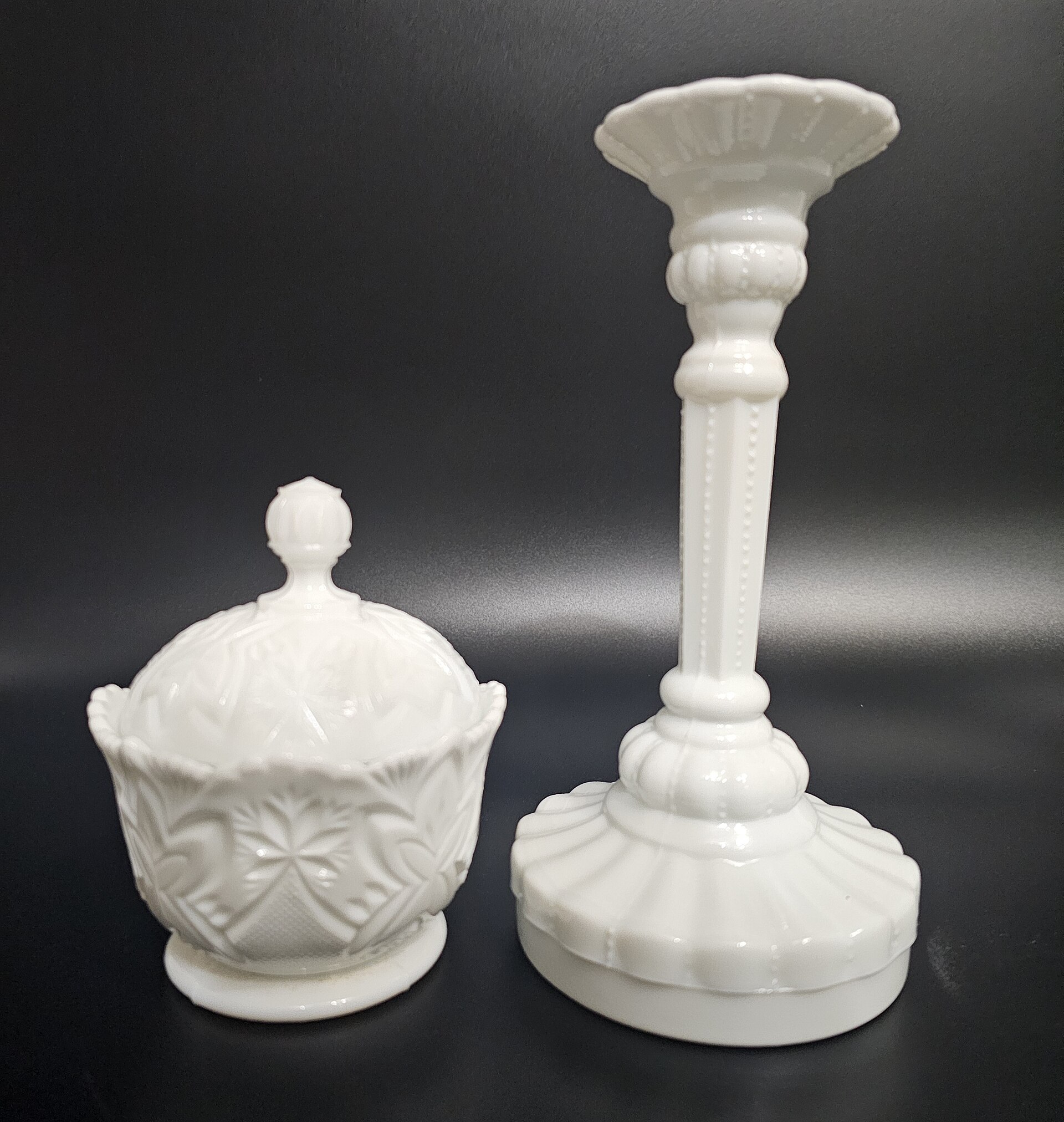 White milk glass sugar bowl with a matching lid and candlestick
