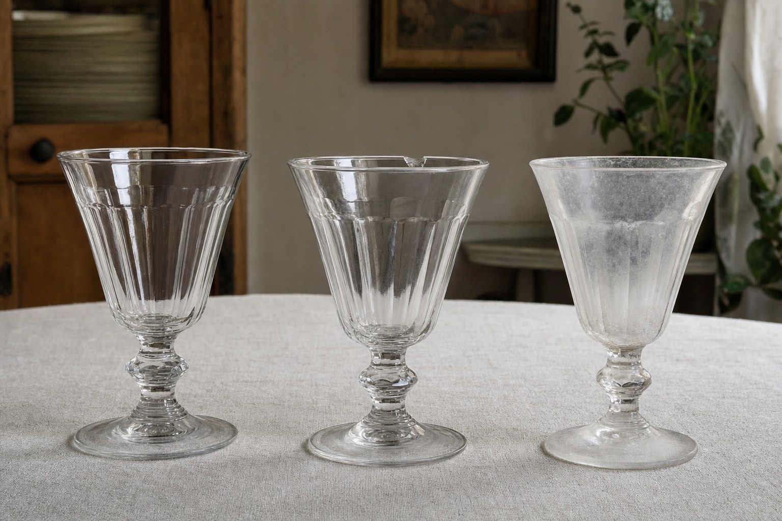 Three clear vintage goblets showing excellent, chipped, and cloudy condition