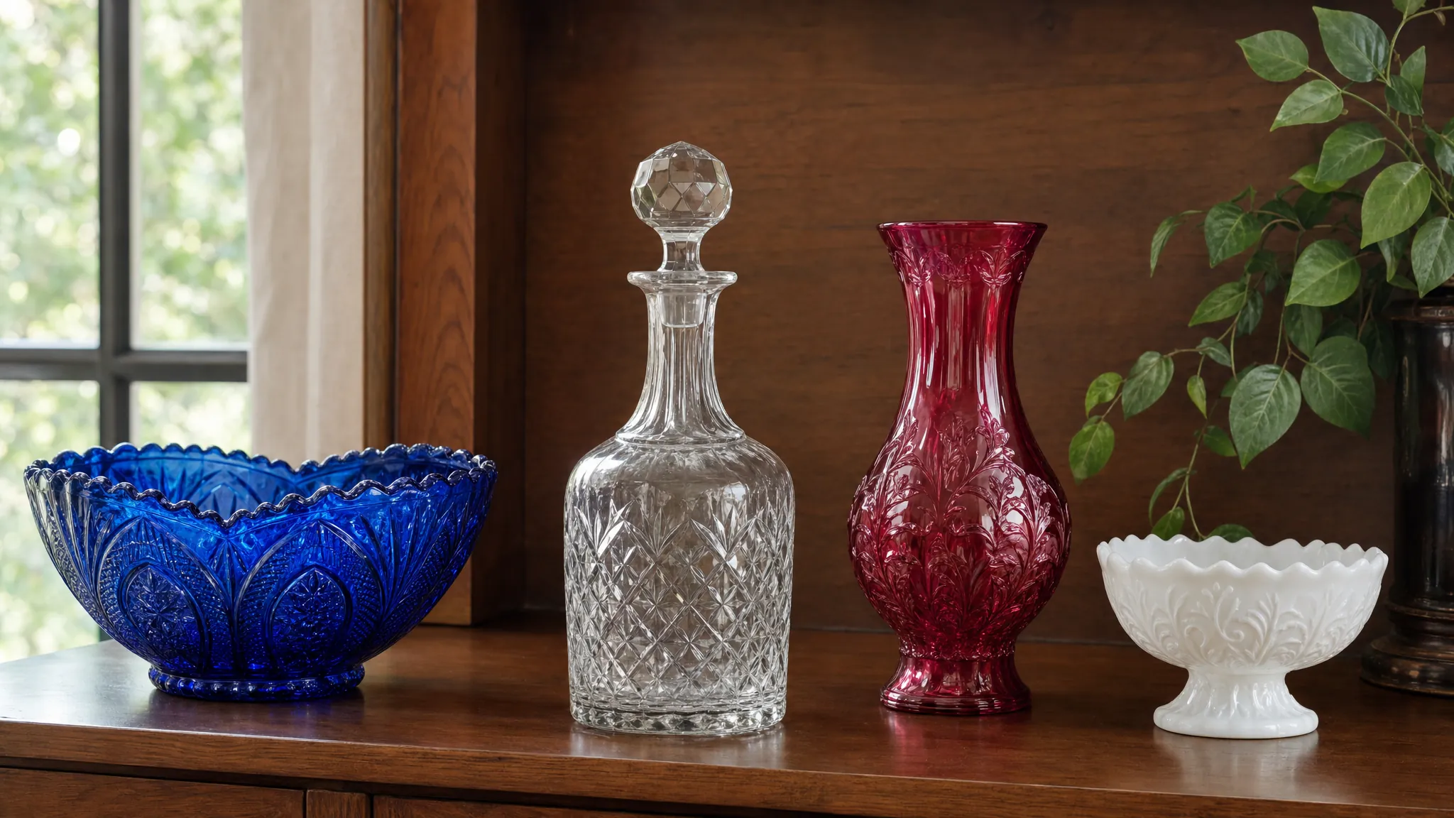 Vintage glassware in different colors and styles