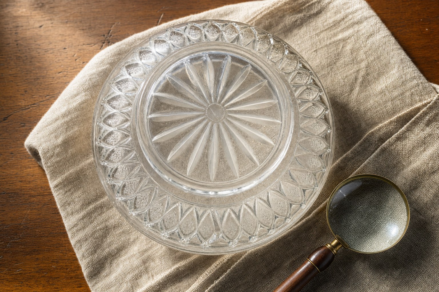 Underside of a pressed-glass bowl beside a magnifying glass