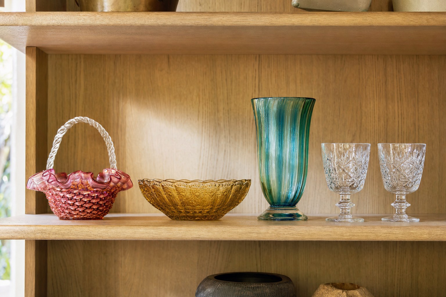 A small collection of colorful vintage glass on an open wood shelf