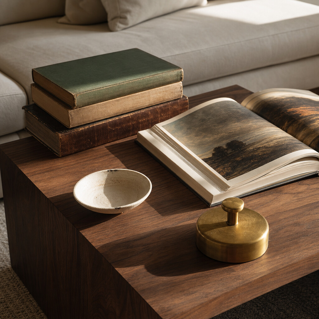 A stack of vintage coffee table books beside an open art book on a walnut coffee table