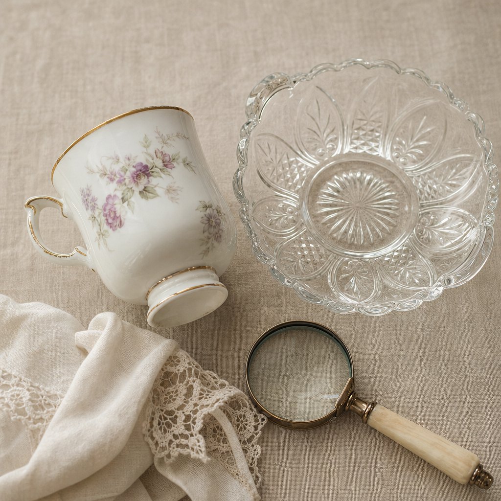 Vintage porcelain cup and pressed-glass dish with a magnifying glass for checking details