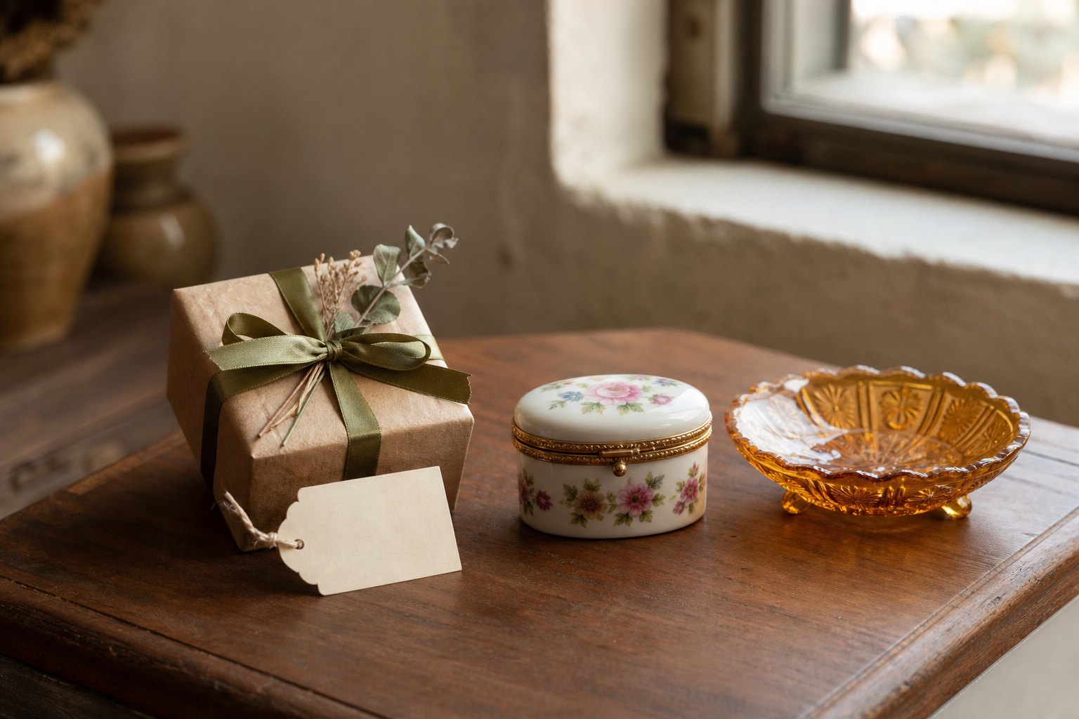 Wrapped vintage trinket box and amber glass dish arranged as a thoughtful gift