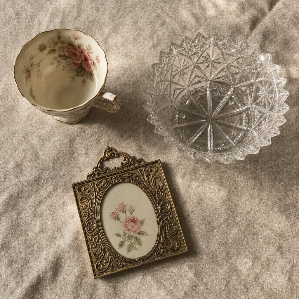 Porcelain teacup, pressed-glass bowl, and brass picture frame arranged as vintage gift ideas