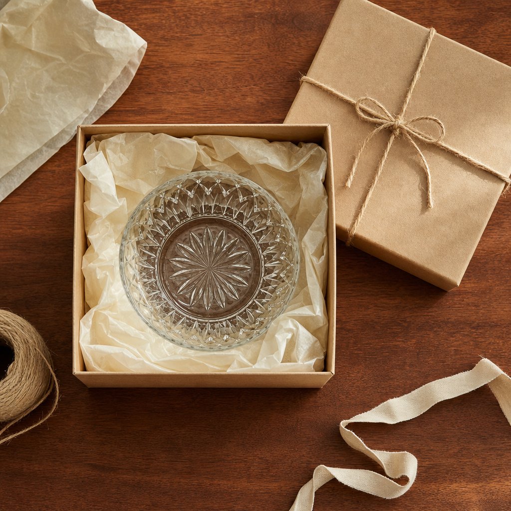 Vintage pressed-glass bowl packed in tissue paper inside a gift box