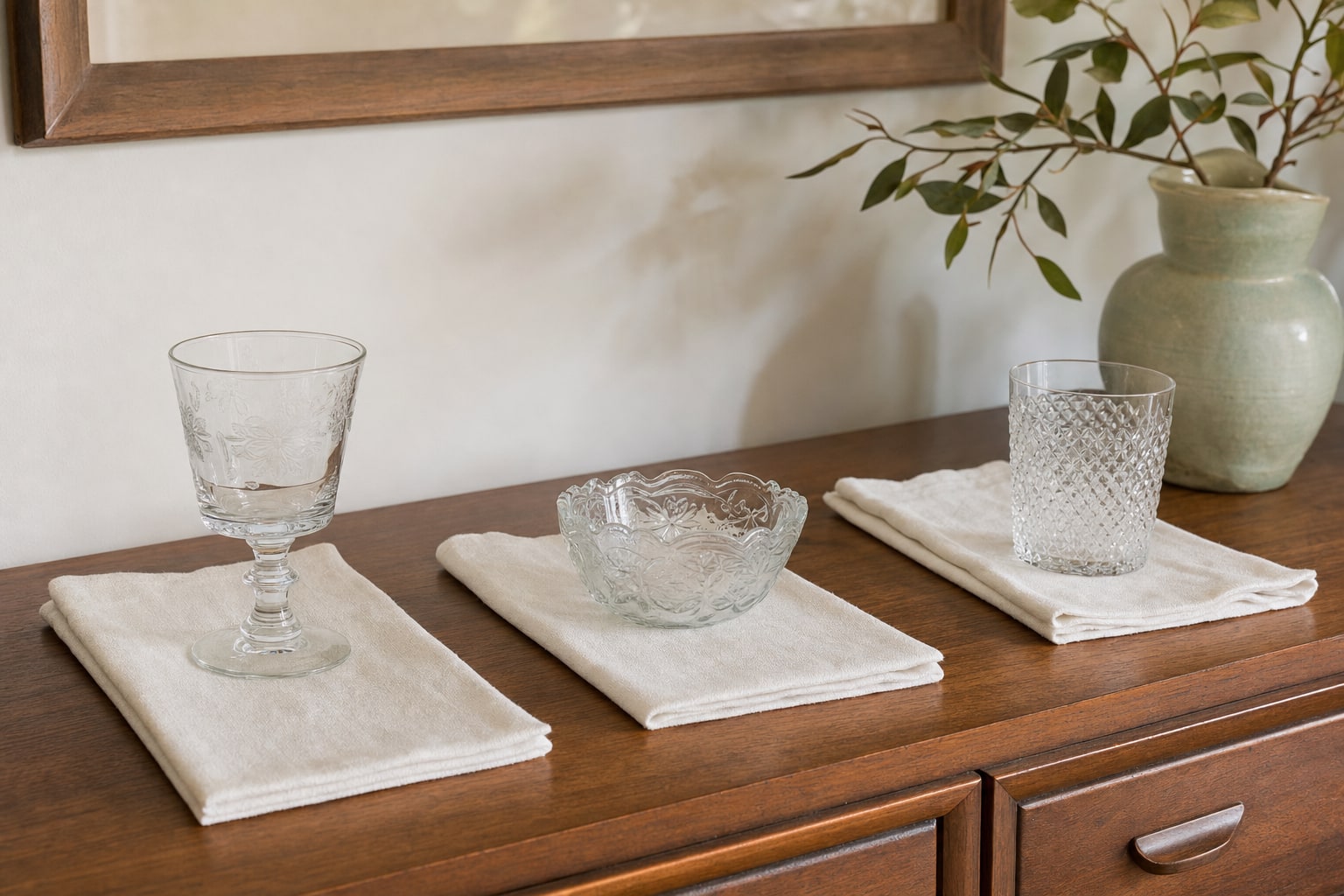 Three vintage glass pieces drying separately on folded white linen