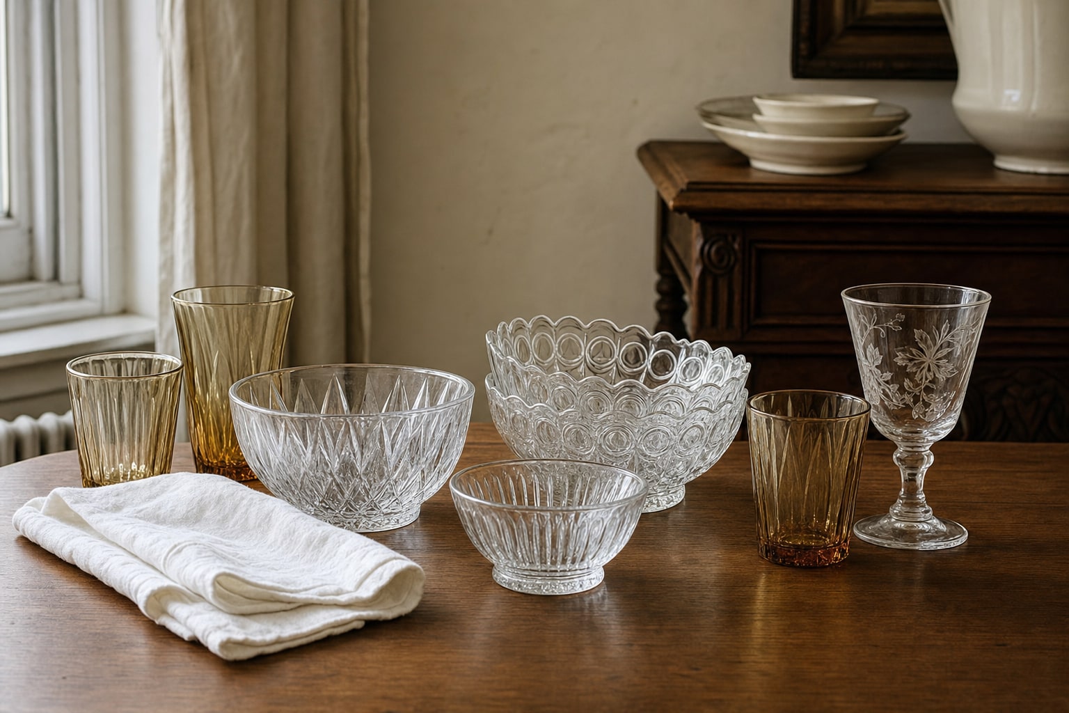 Clear pressed-glass bowls and amber tumblers beside a folded linen cloth