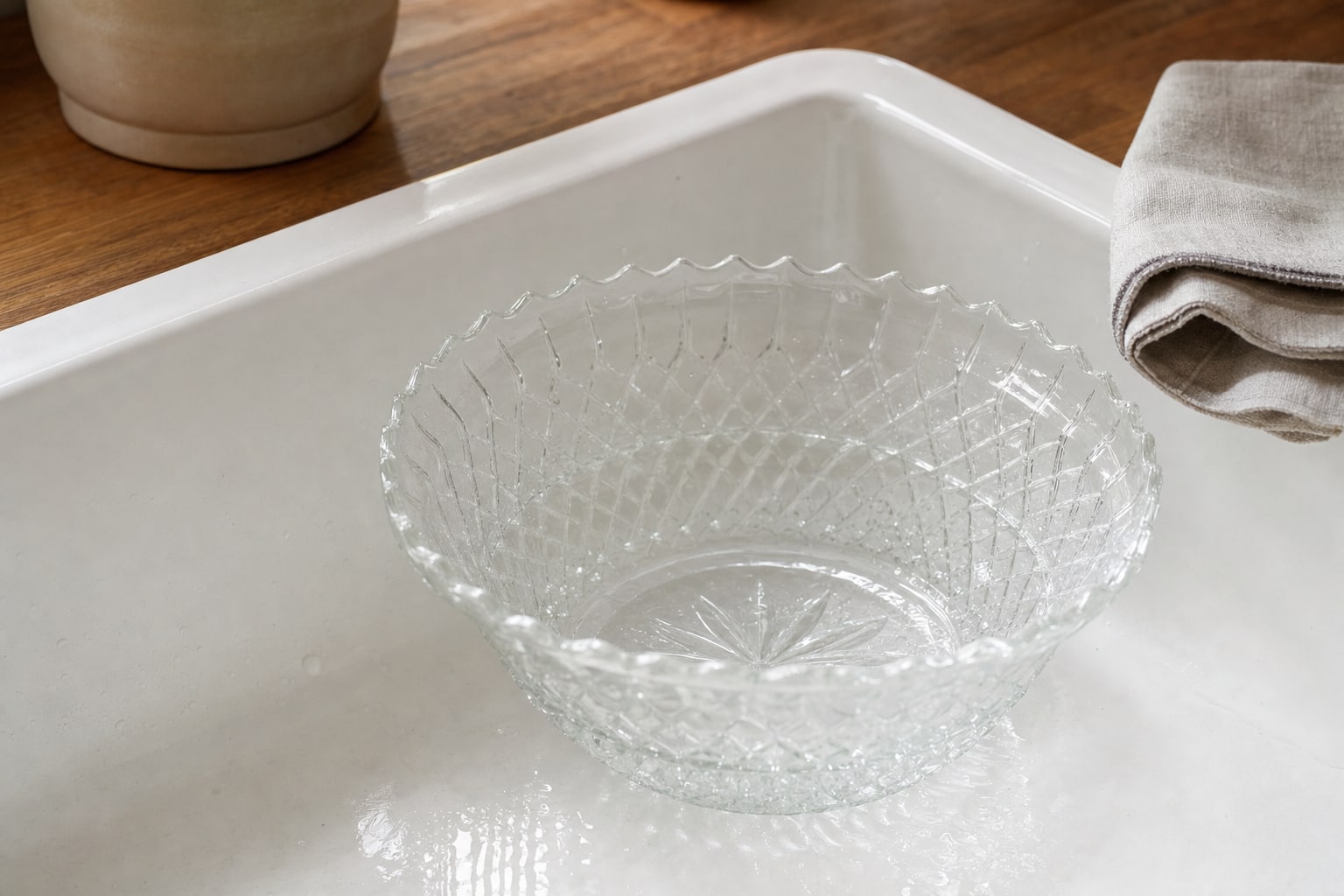 Clear pressed-glass bowl resting in a padded white basin for gentle rinsing