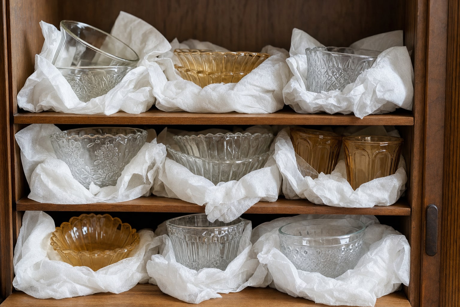 Vintage glass bowls and tumblers stored separately with soft white tissue