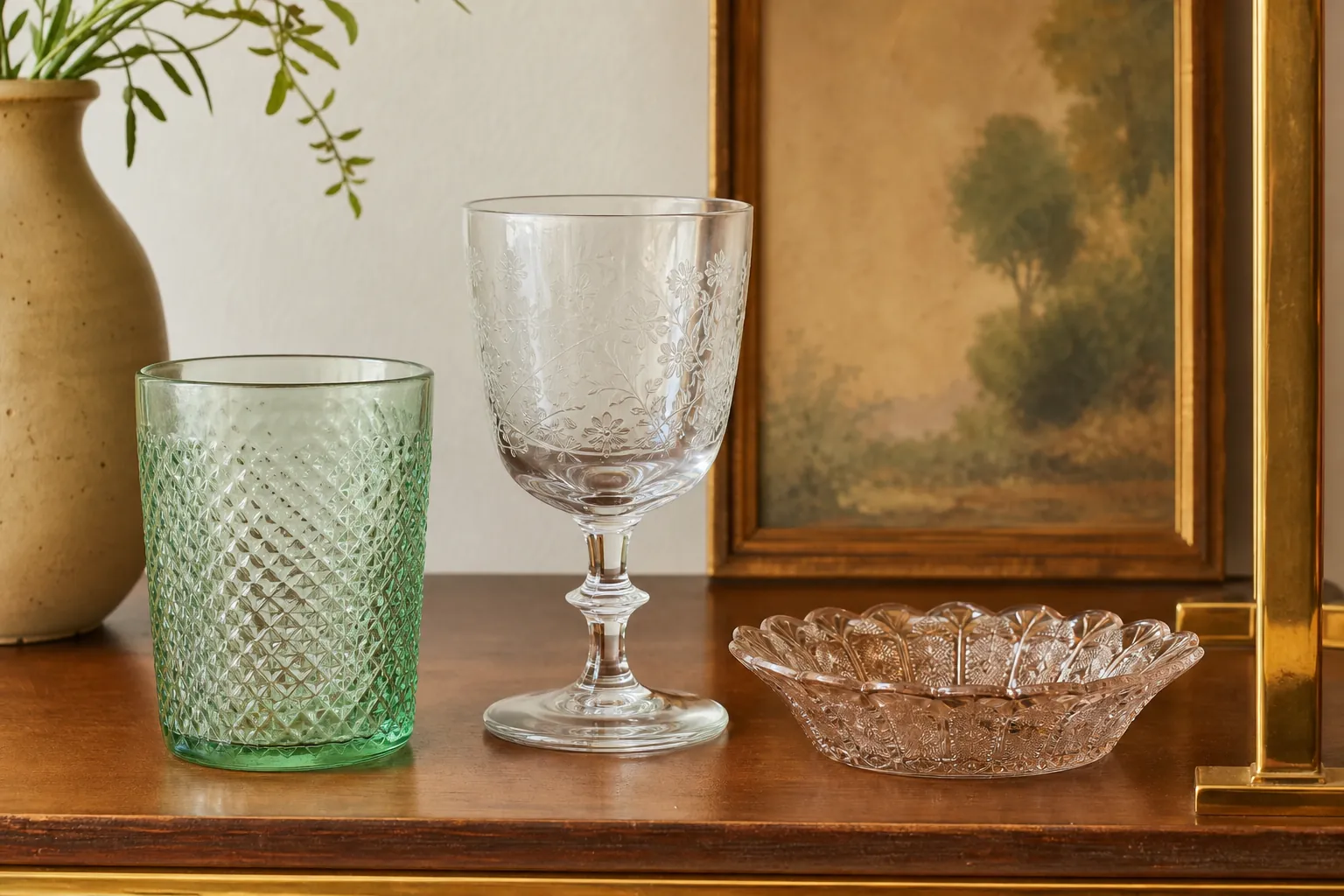 Textured green tumbler, etched stemmed glass, and pressed-glass dish for comparing details
