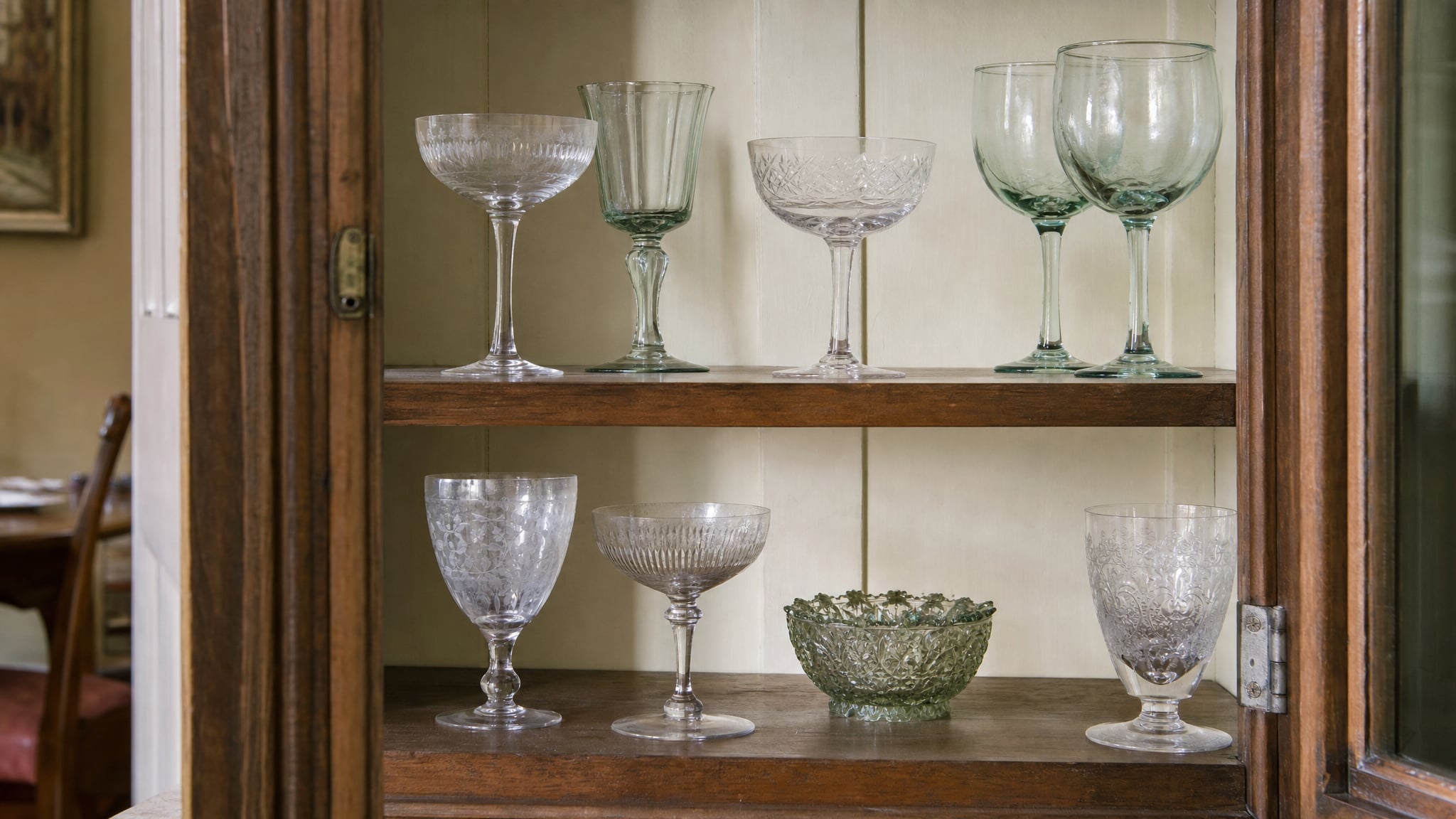 Vintage stemware and glass bowls spaced on shelves in a wooden cabinet