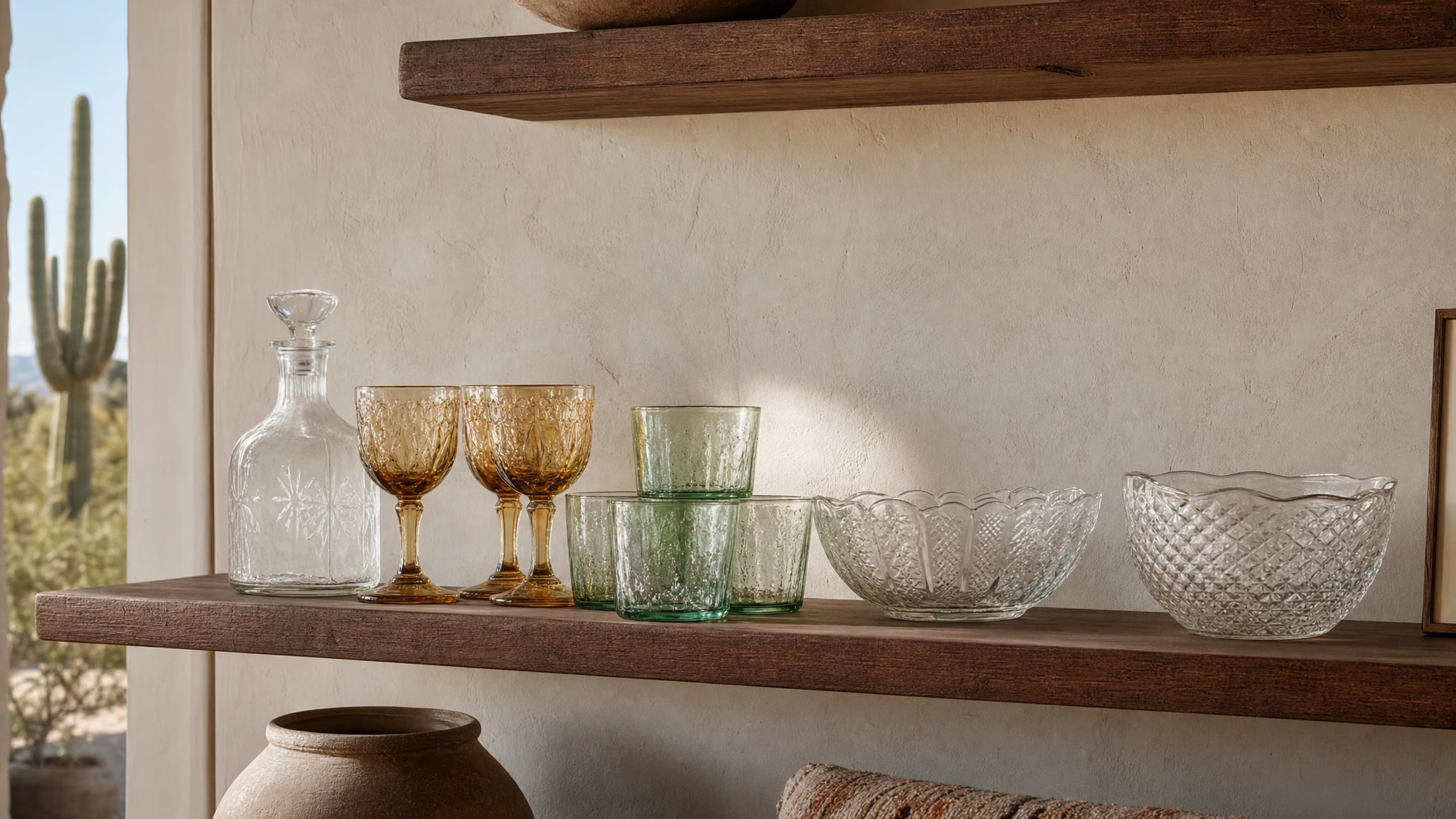 Vintage glassware arranged on a wooden shelf in a warm Tucson home
