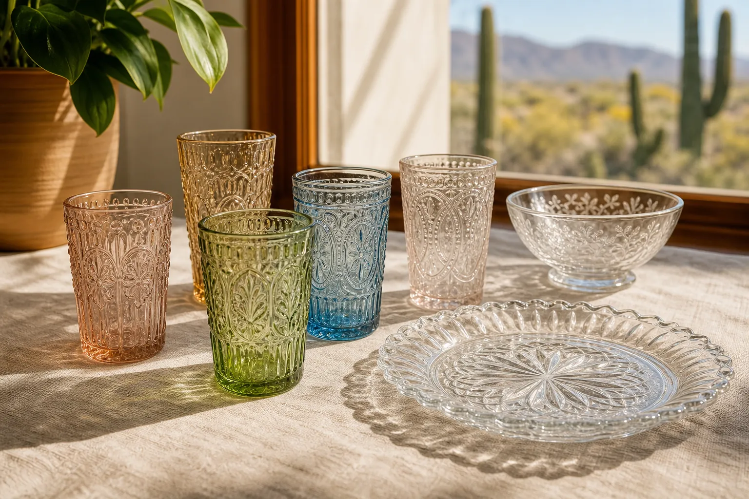 Vintage glass tumblers and serving pieces in natural light