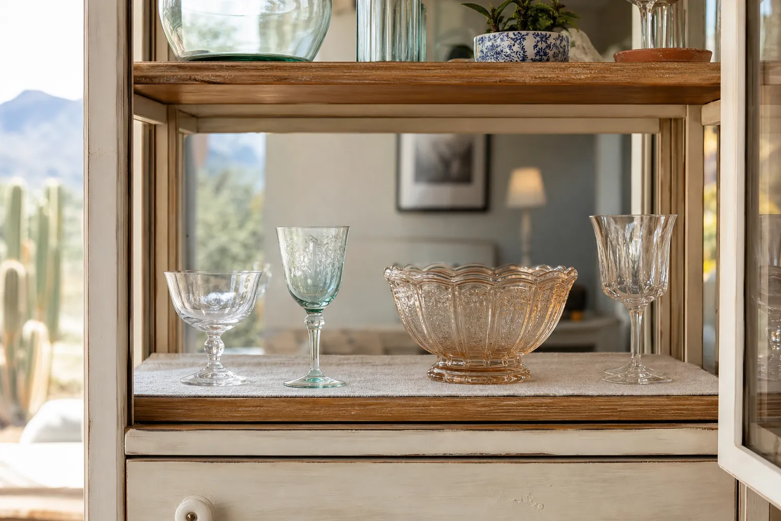 Vintage glassware arranged with space between pieces in a glass-front cabinet