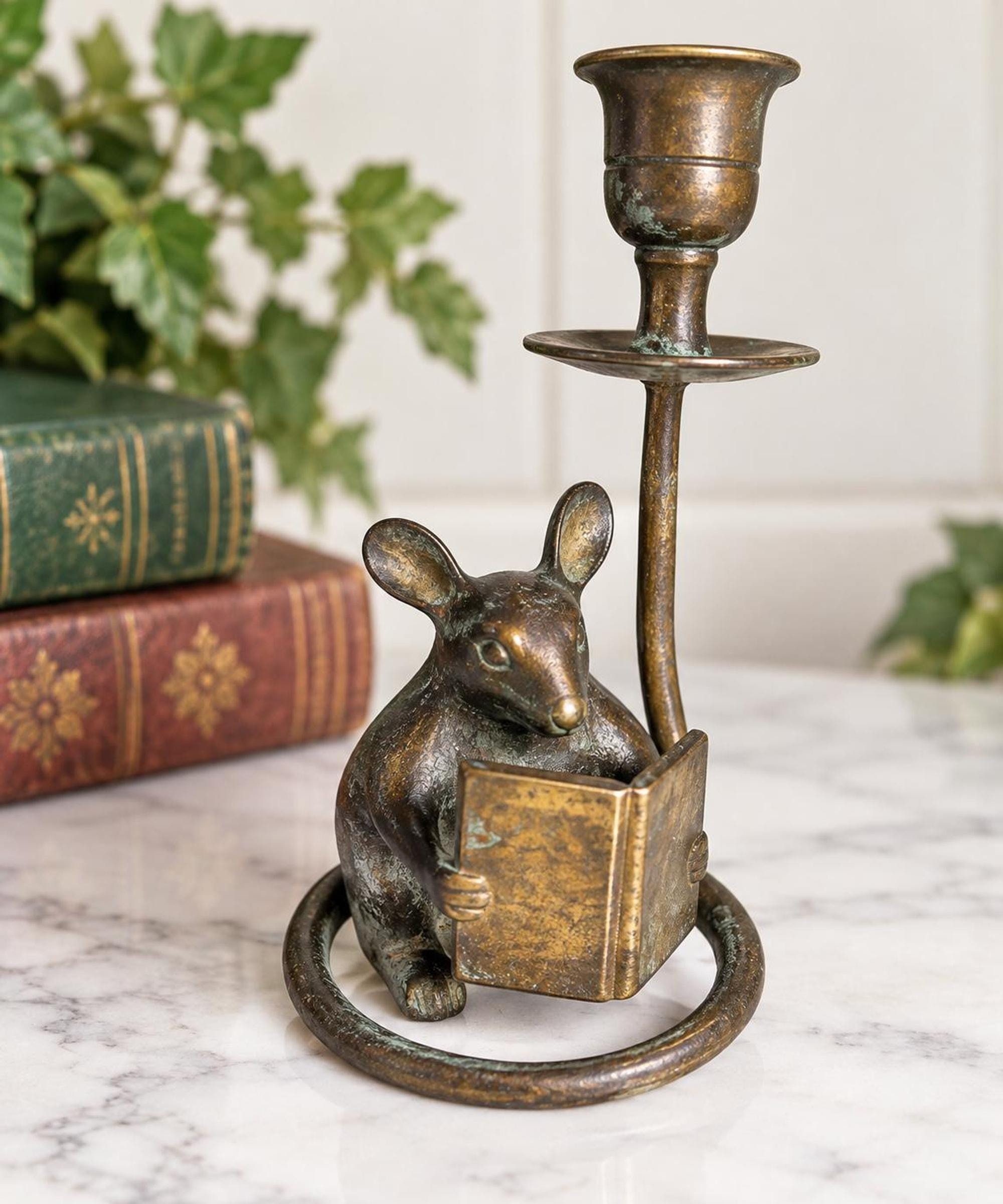 Vintage Brass Mouse Candlestick Holder, Storybook Figurine, Curio Cabinet Decor