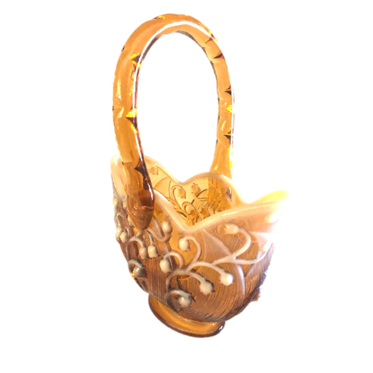Amber Glass Lily Of The Valley Basket, Hand Blown Vintage Home Decor