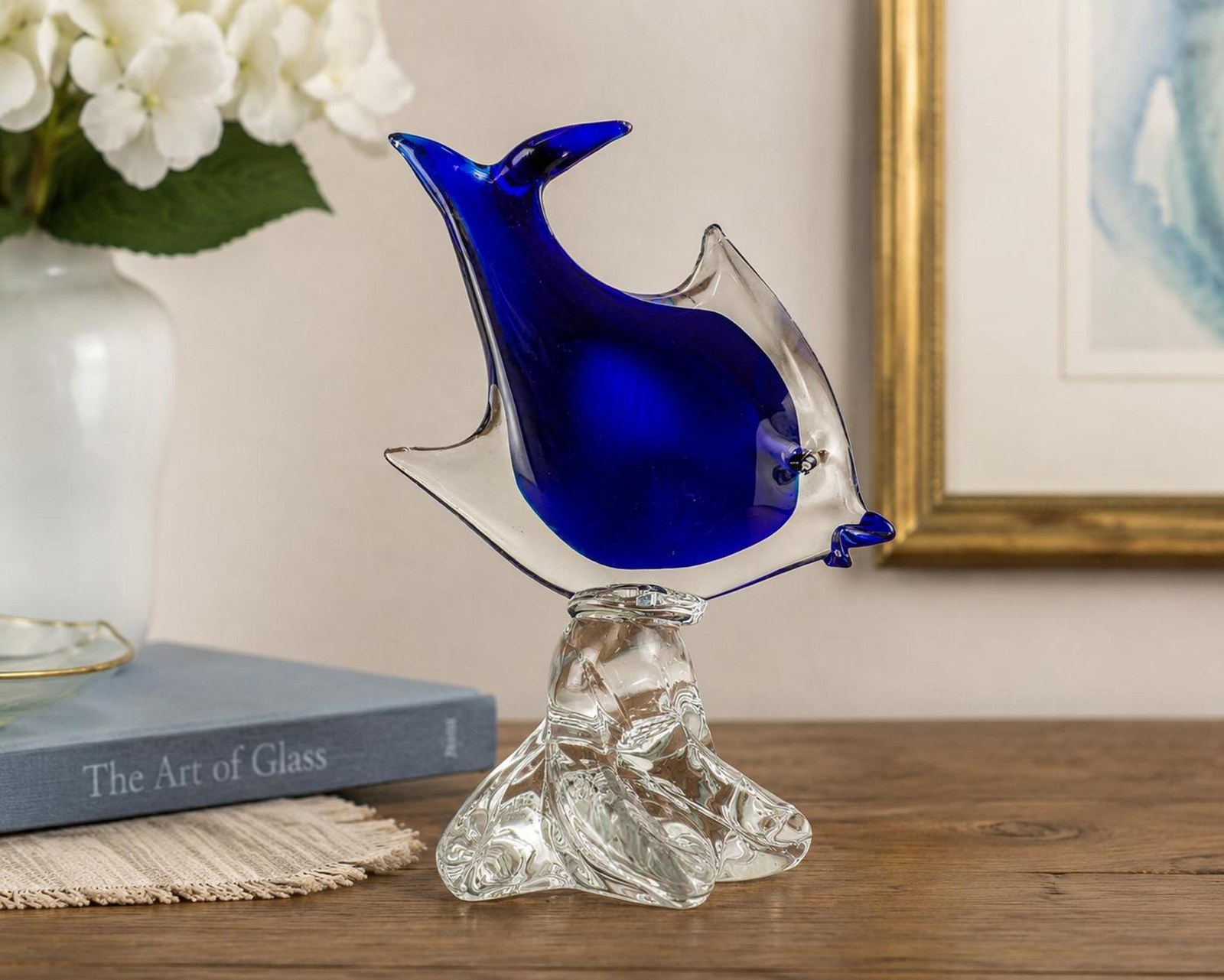 Angel Fish Sculpture Blue Coastal Decor Art Glass