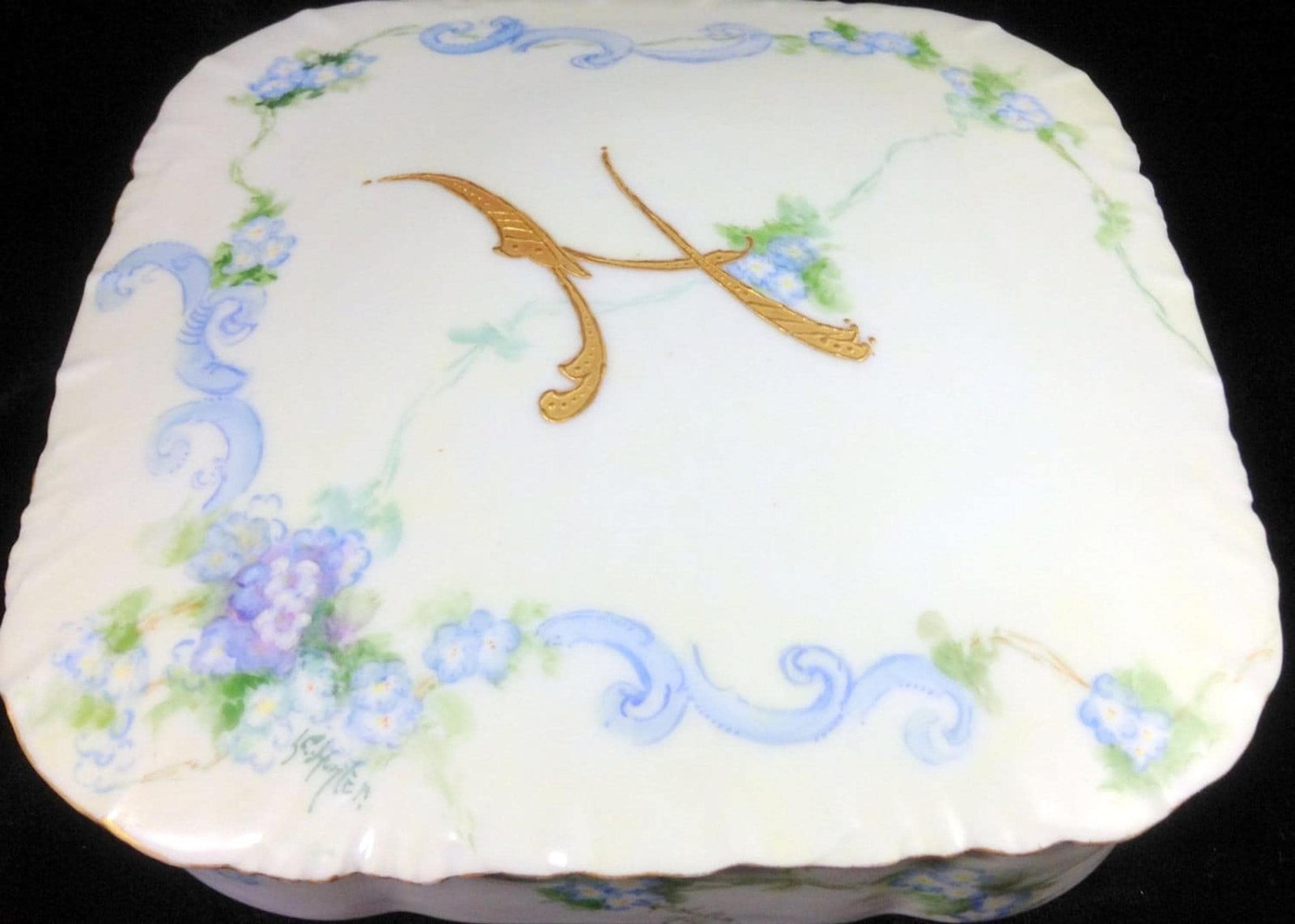 Antique Monogrammed Covered Dish, Versailles Bavaria Rosenthal, Blue Ribbon China with Gold H Initial